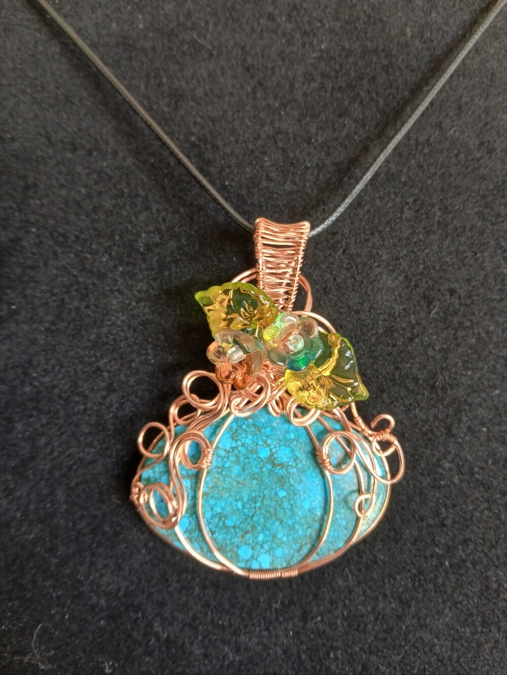 Blue turquoise copper wire wrapped pumpkin necklace with flowers new handmade